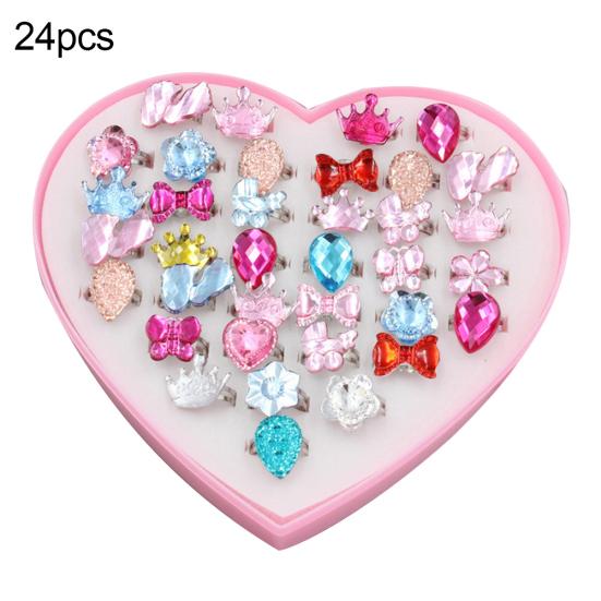 

24/36Pcs Girls Flower Butterfly Rhinestone Pretend Play Adjustable Rings Jewelry 24pcs
