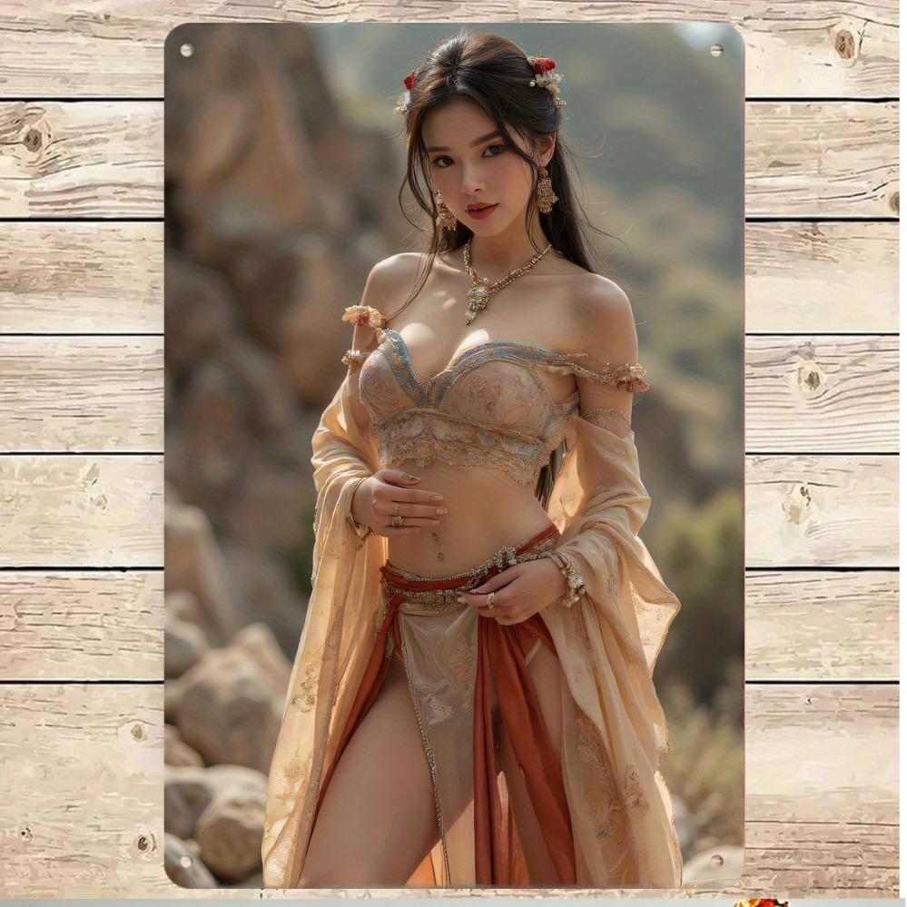 

Vintage Exotic Asian Woman Metal Tin Sign Retro Fantasy Girl with Long Dark Hair in Beige Sheer OffShoulder Outfit Gold Jew 20x30cm（7.8x11.8inch）