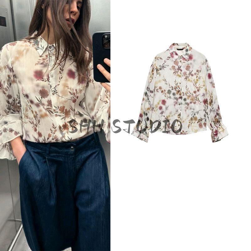 Spring New Women's Clothing Retro Style Metal Color Thread Print Fashion Lapel Long Sleeve Shirt 2522142
