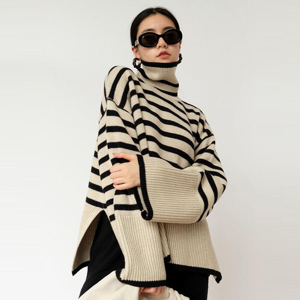 

Женский осенне-зимний свитер с воротником в полоску, вязаный трикотаж, корейская осенняя одежда, пуловер, формальный женский свитшот 2023 OneSize бежевый