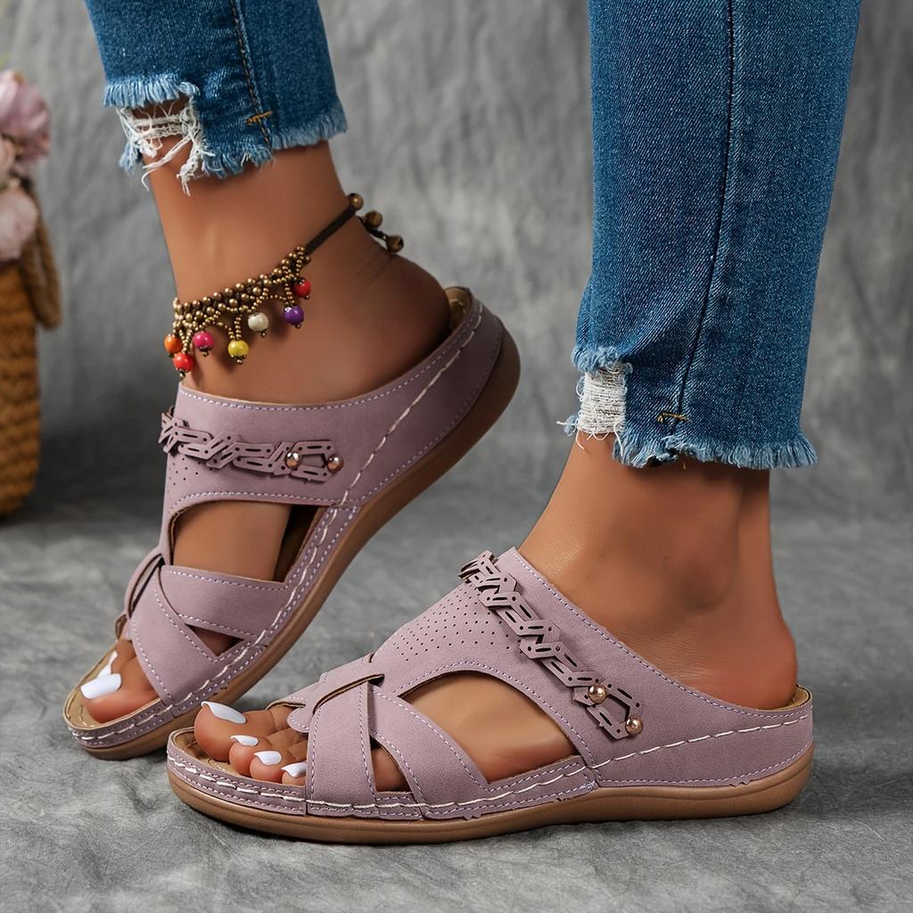 Damen-Slide-Schuhe mit Cut-out-Keilabsatz, Slip-On-Schuhe mit offener Spitze und weicher Sohle, lässige Sommer-Strandschuhe für den Außenbereich