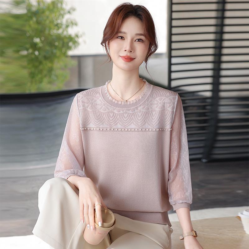 

Women s Summer Beaded Knit Top with Lace Collar and Gauze Sleeves, Plus Size L (for 80-100 jin)