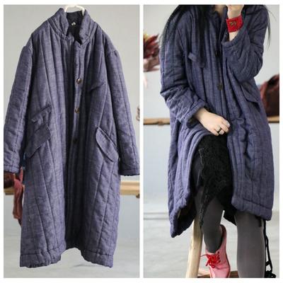 Women Vintage Stand Long Sleeve Button Coats Winter Dark Blue Chinese Style Warm Women Coats
