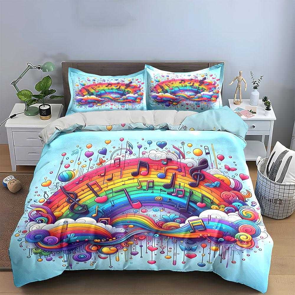 Colorful Rainbow Music Decor Soft Comfortable Duvet Cover Bedding Set Included 1*Duvet Cover & 2*Pillowcases, Gift
