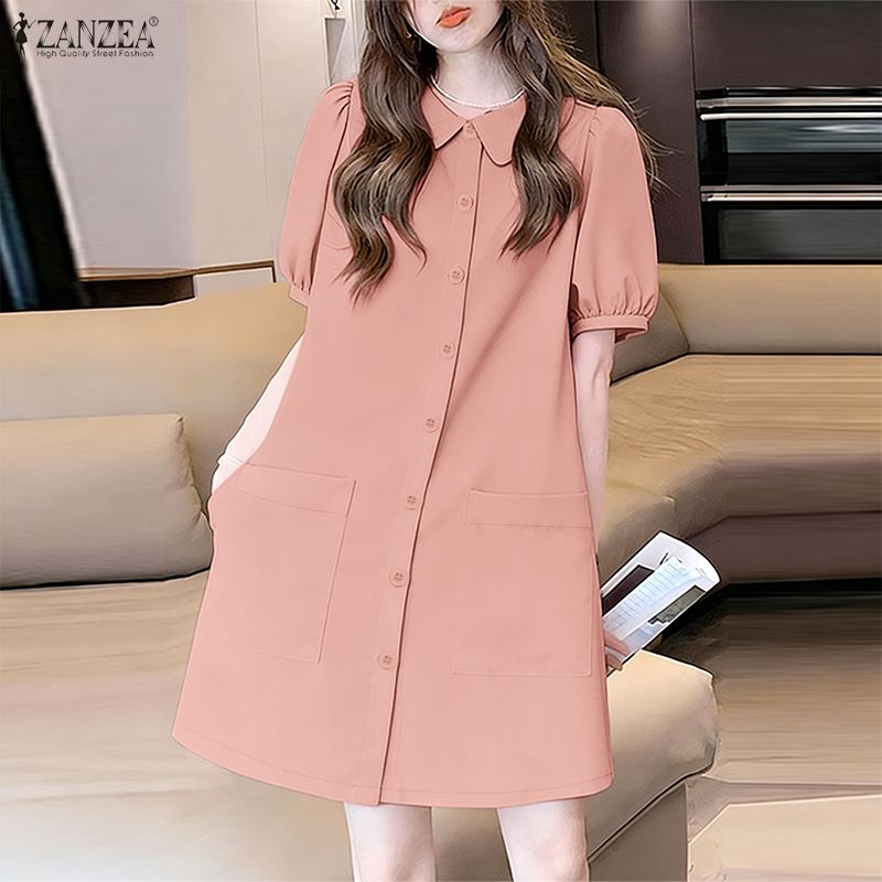 ZANZEA Women Casual Turn Down Collar Summer Short Sleeve Dress