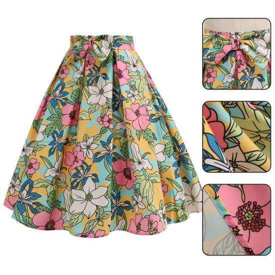Damen-Midirock mit hoher Taille, Schleifendekor, großer Saum, Rock mit Reißverschluss, Blumendruck, plissierter Retrorock, wadenlanger Rock