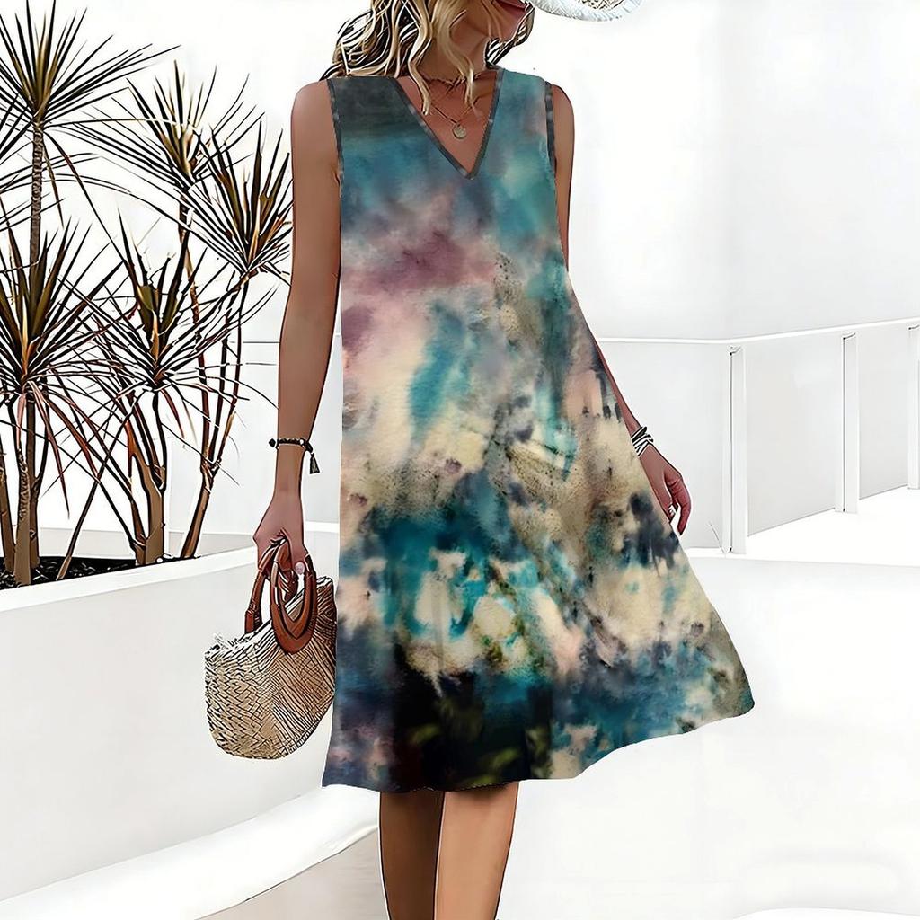 Plus Size V Neck Sleeveless Green Canyon Waterfall Print For Forest Exploration Tour
