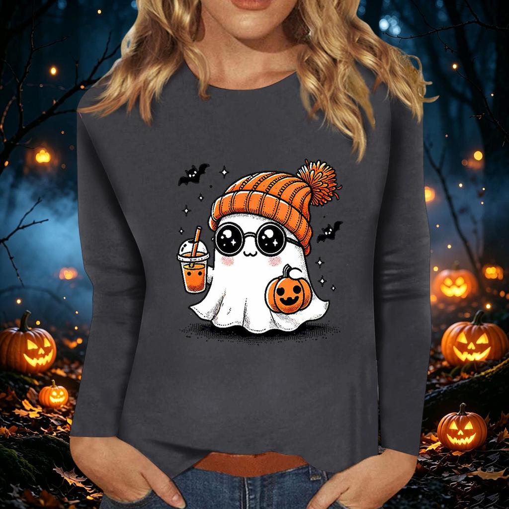 Women's Long Sleeve Halloween Print Round Neck Casual Top for Fall Parties