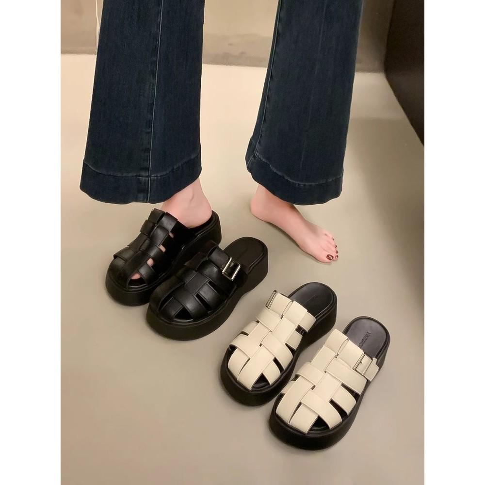 Baotou half slippers women's summer wear new retro woven hollow thick-soled cold slippers