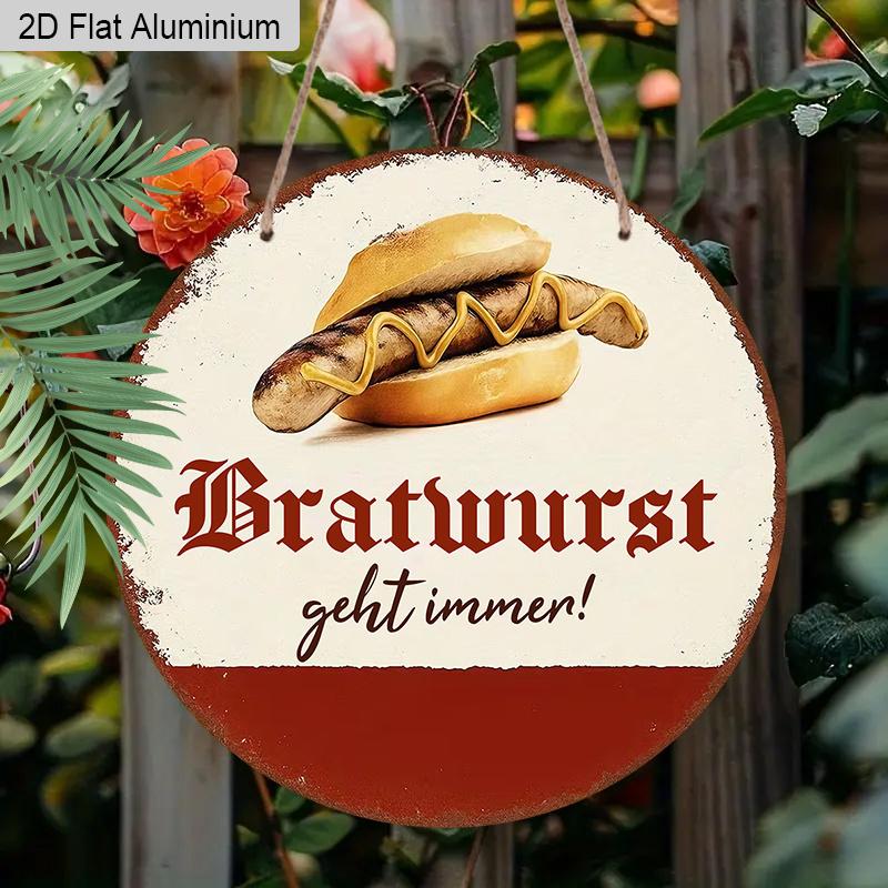 2D Flat 1pc Vintage Sausage Aluminum Decoration Plaque, German "Bratwurst Geht Immer" Lettering Sign, Kitchen Decor, Diner Decor, BBQ Area Decor