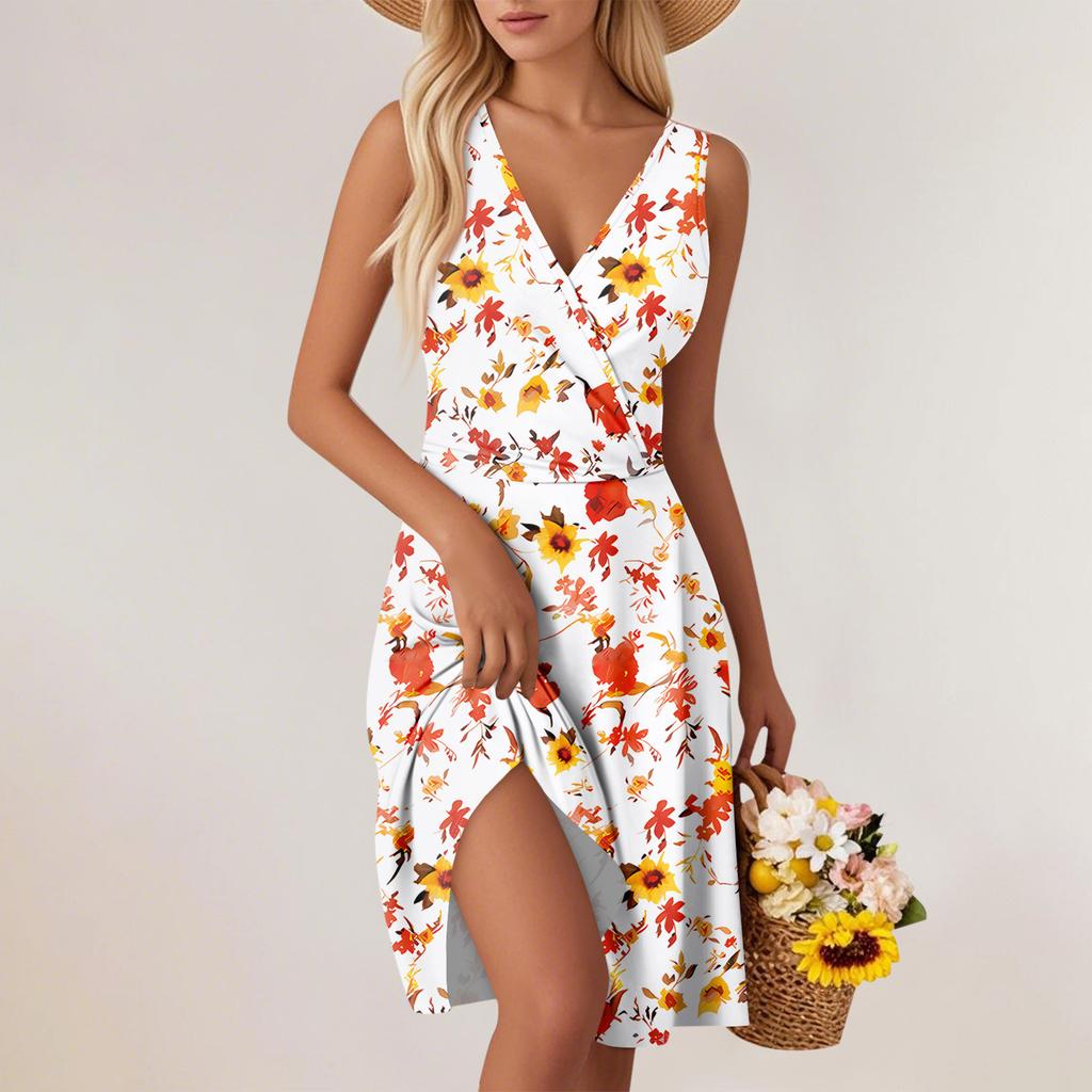 Women's Fashion V-Neck Waist Printed Sleeveless Vest Dresses