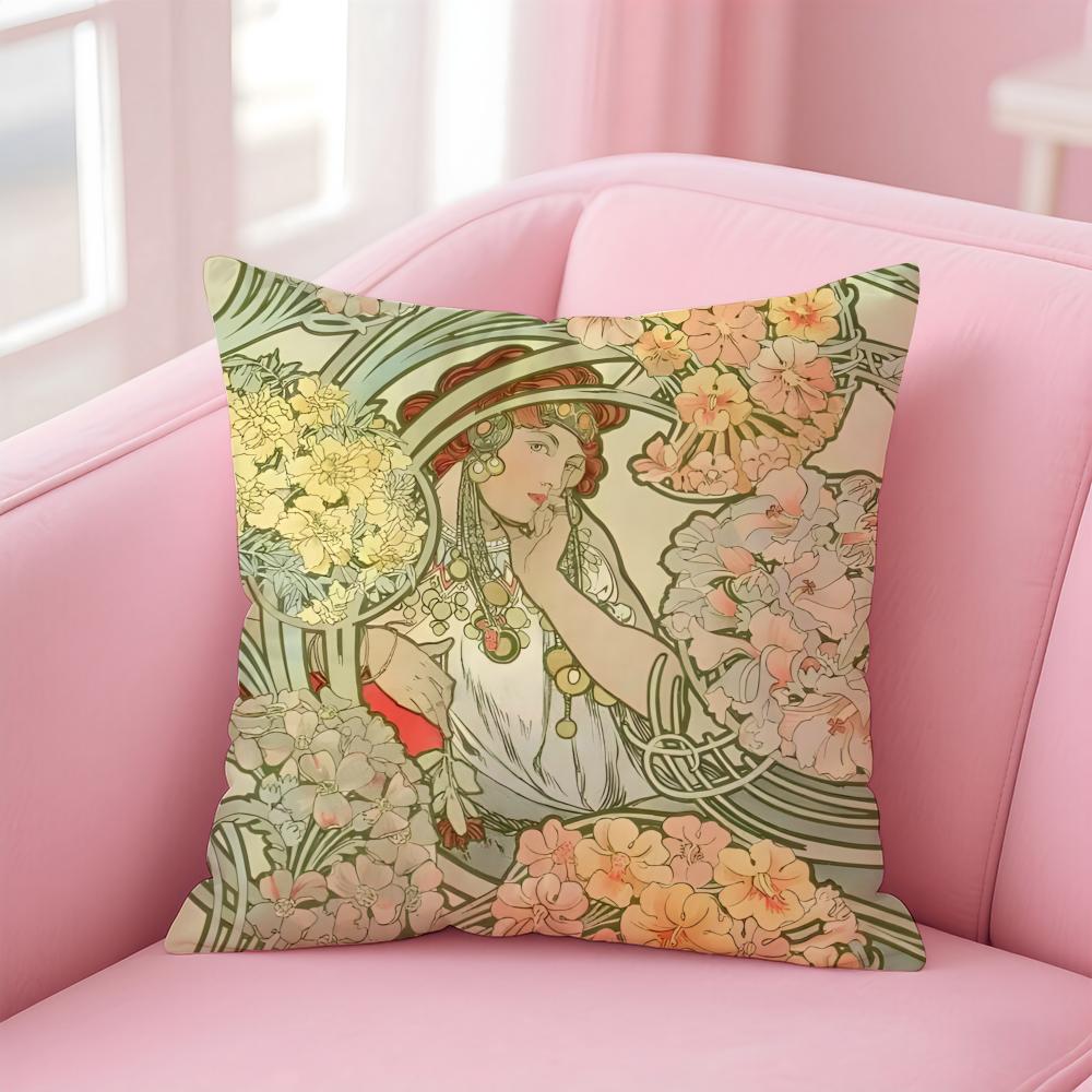 artistic AAlphonse Maria Mucha Cushion Cover Pillow Case Soft Skin Friendly Fabric Comfort Concealed Zipper