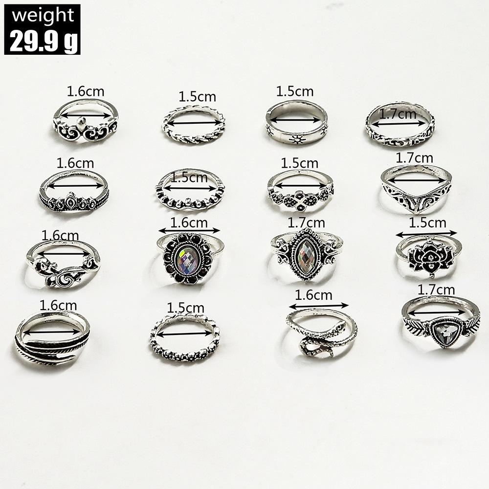 Europe and The United States New Ring Retro Exaggerated Hollow Carved Snake-shaped Feather Gem 16-piece Combination Ring Foreign Trade