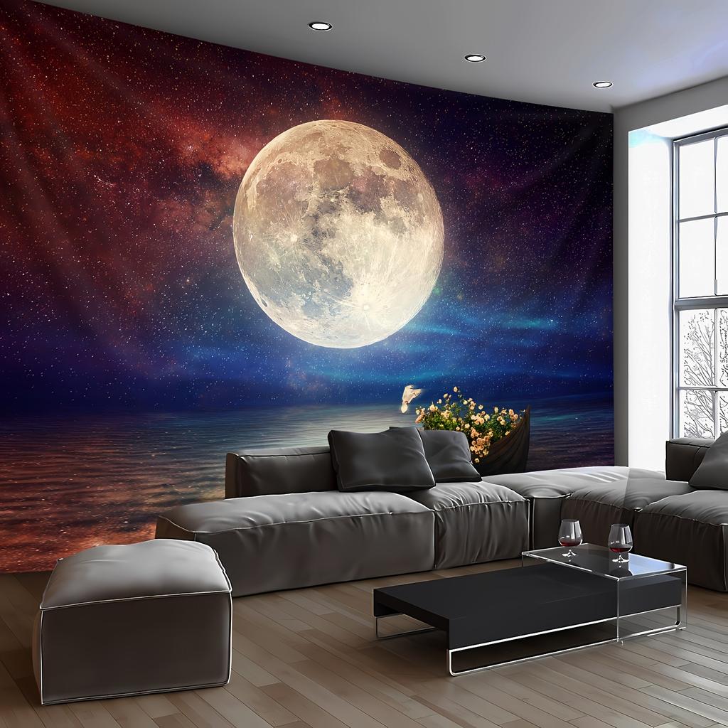 Stunning Cosmic Moonlit Night Wall Tapestry For Bedroom Decor, Featuring A Vividly Detailed Full Moon Over A Serene Ocean