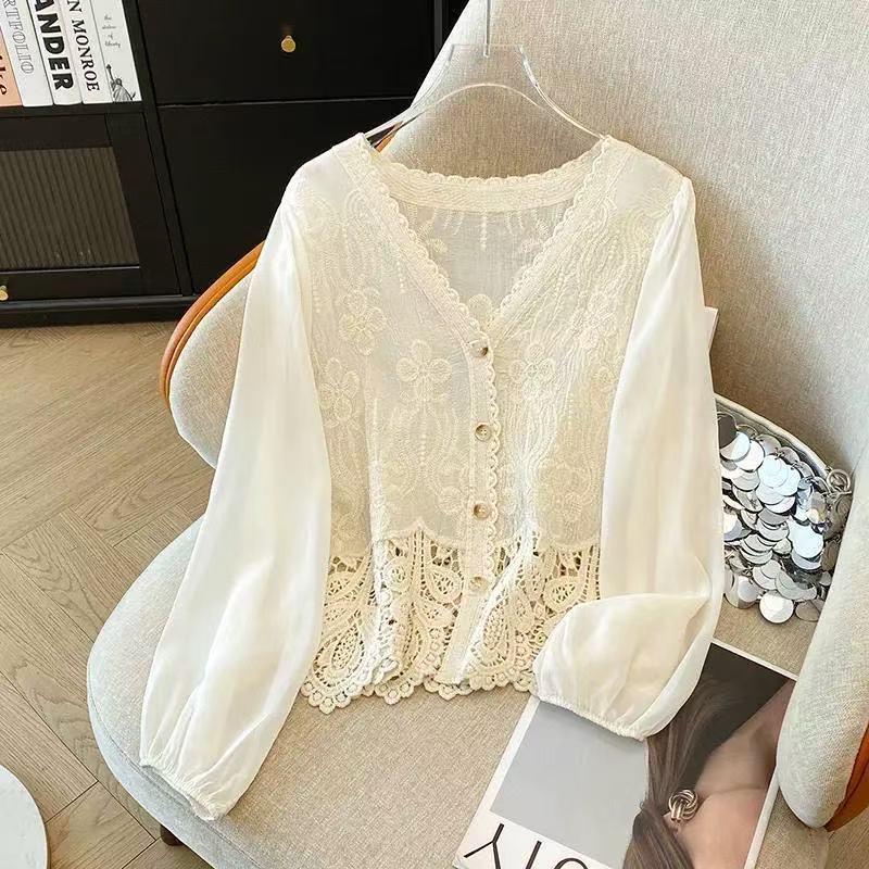 French Lace Crochet Patchwork Chiffon Cardigan - Long Sleeve Retro Design
