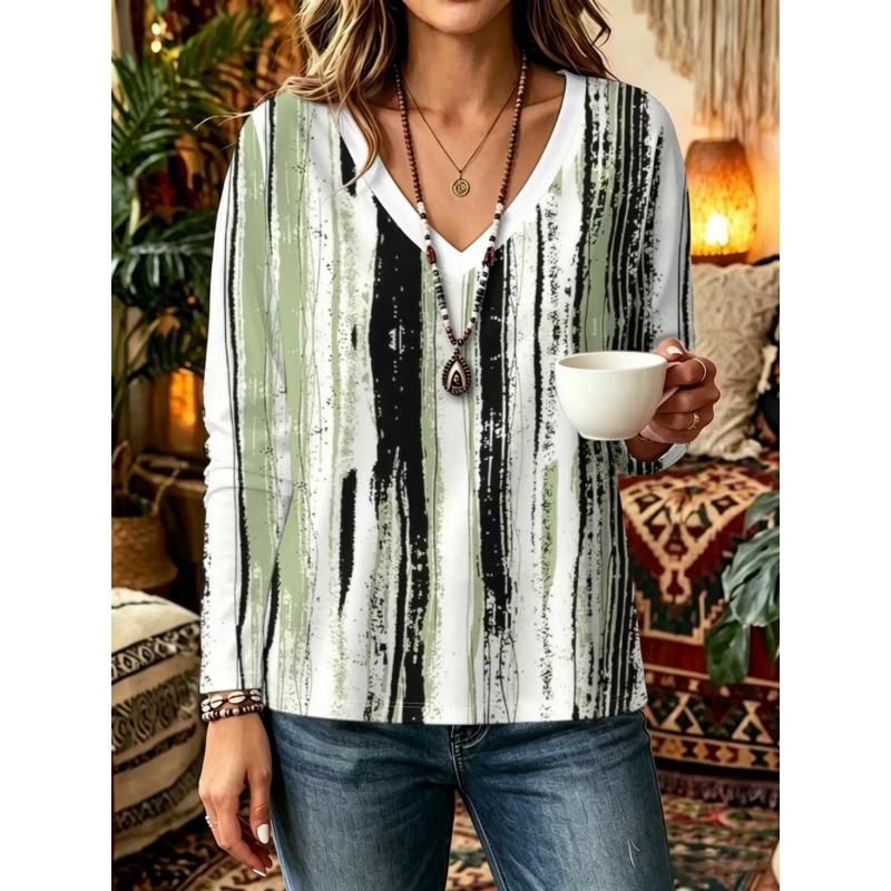 Autumn and Winter Women's Long-sleeved V-neck T-shirt