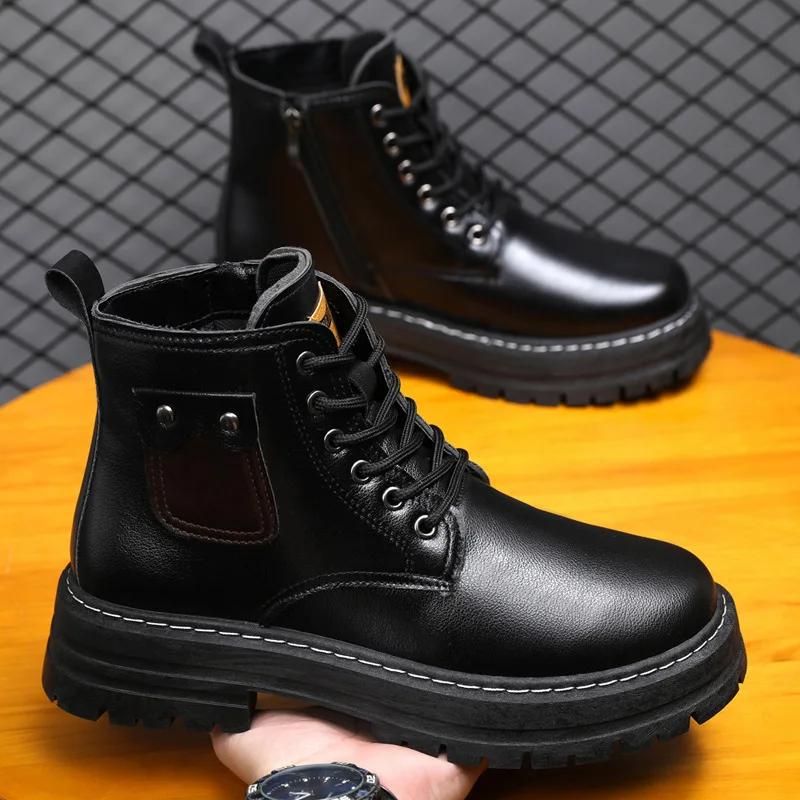 Móda Nejvyšší kvalita Vintage Kůže Pánské Sněhule Módní Pánské Kotníkové Boty Šněrovací Venkovní Motocyklové Boty Chodící Boty pánské botas