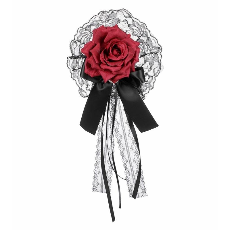 Lace Rose Flower Hair Clip Hair Styling Accessory with Long Ribbon Tails, Gothic Spring Clip for Women Costume Styling and Decoration Wear