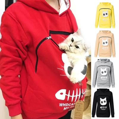 Kangaroo Pouch Cats Fish Print Long Sleeve  Hoodie Pets Holder Sweatshirt