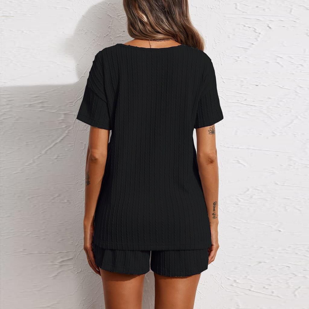 2026 Spring & Summer Women Knitted Jacquard Pajama Set, Short Sleeve & Shorts Two-piece Loungewear