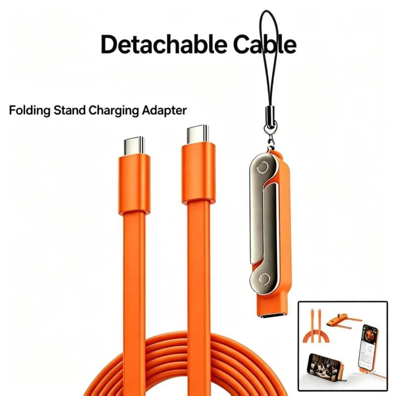240W 2-i-1 Sort/Orange Hurtigopladning Foldbar Støttefod Datakabel Type-C Til Type-C Datakabel Med Telefon Tablet Stand Adapter