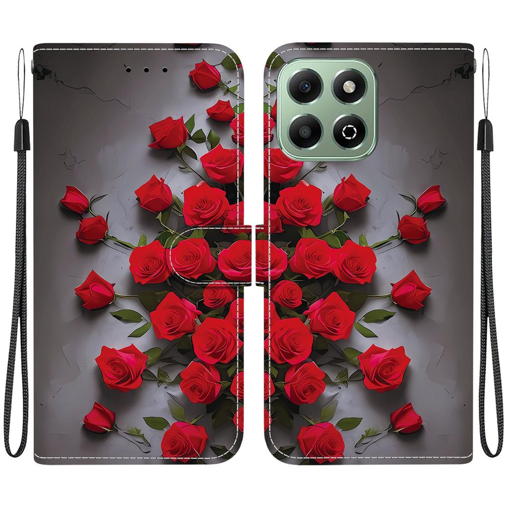 Handmade PU Leather Flip Case for Honor X6b Anti-Slip Shockproof Cover with Wrist Strap & Heart/Rose Cat Designs