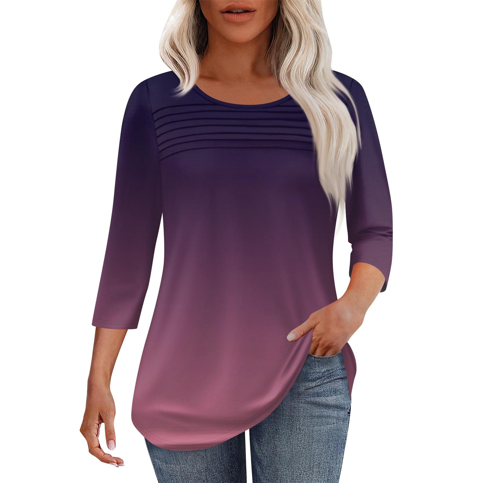 

Women s Fashion Round Neck Pleated Front Placket Solid Color 3/4 Sleeve Top XL