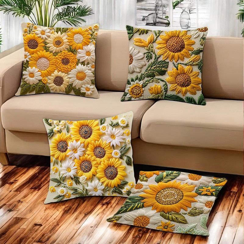 2/4pcs 2D Floral Print 45x45cm Zipper Closure Machine Washable Throw Pillow Covers Soft Sunflower & Daisy Bed Pillowcase
