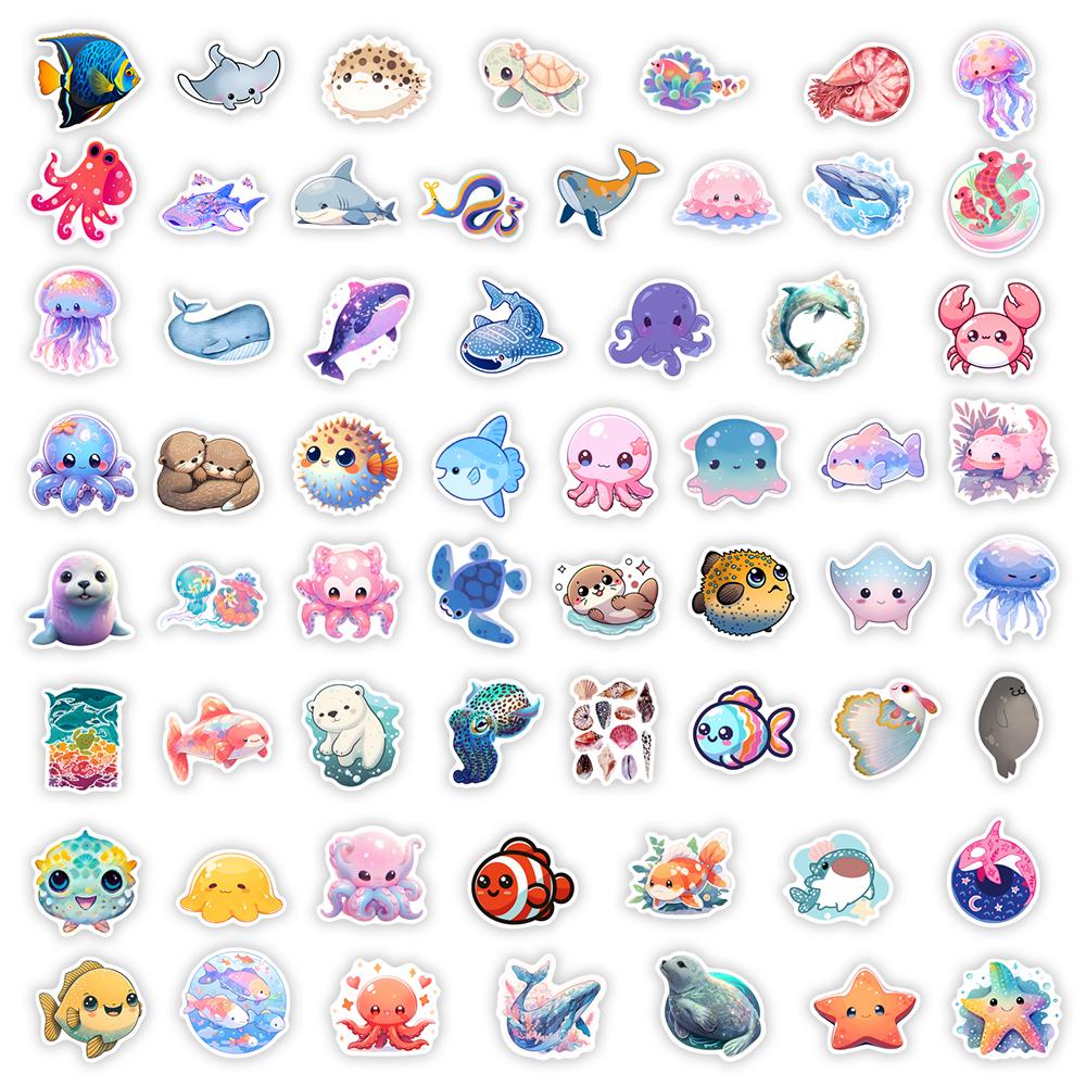 Cute Kawaii Sea Life Stickers Jellyfish Octopus Fish Clipart Waterproof Decal For Laptop Scrapbook Phone Luggage Decorative