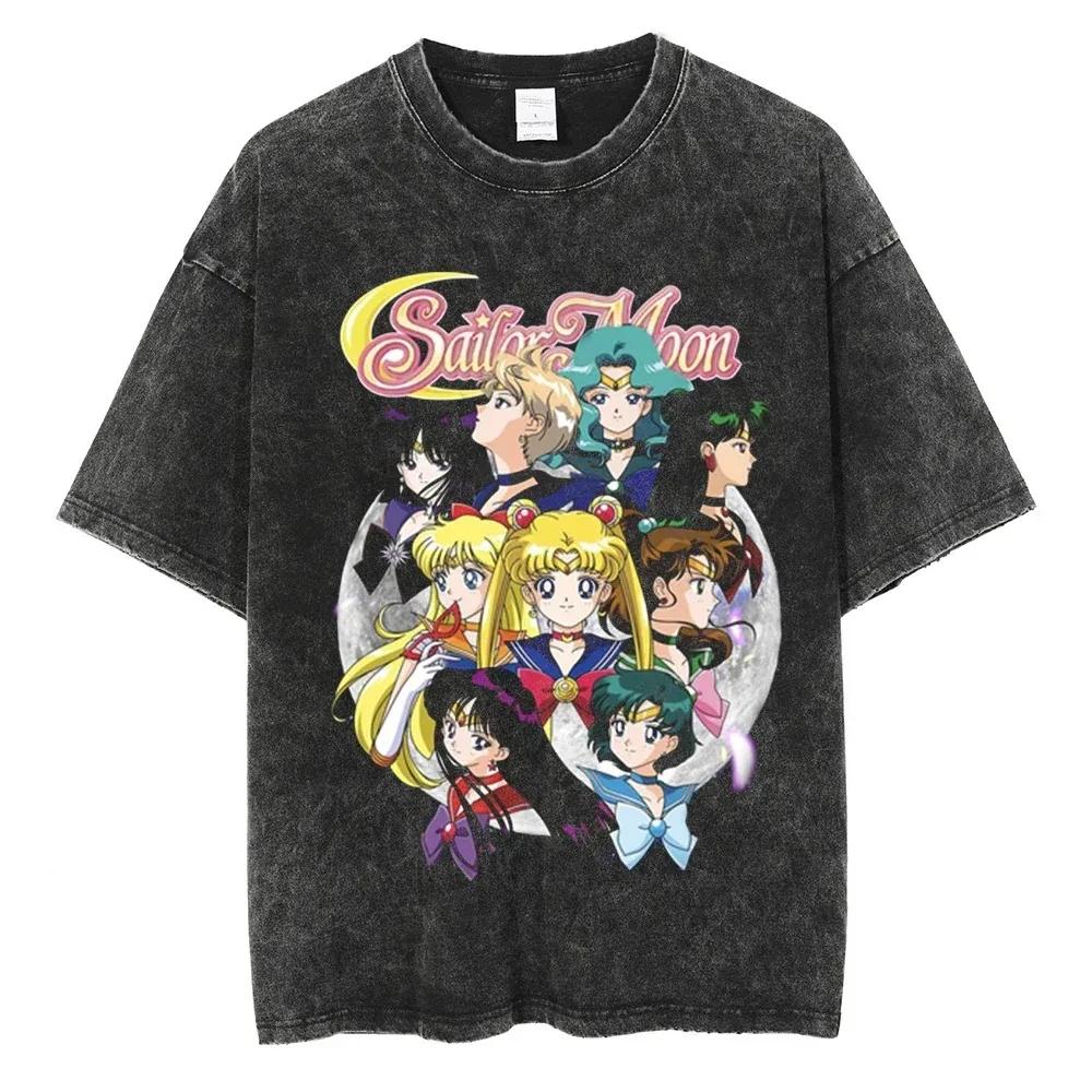 

Sailor Moon Vintage Washed Mens New Cotton T Shirts Printed Summer Amercan Streetwear HipHop Womens Short Sleeved Tee L