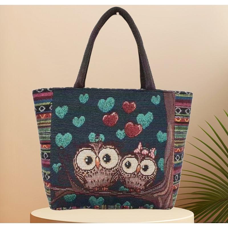 Canvas bag, women's large-capacity double-sided embroidered animal handbag, mommy bag, go shopping, handbag