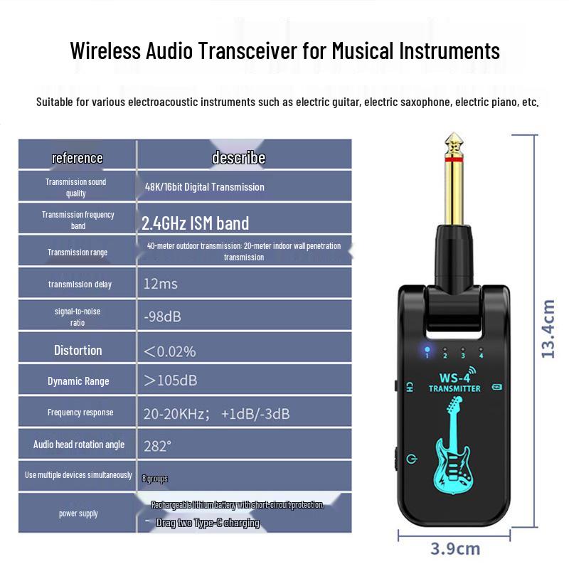 Wireless Electric Guitar & Instrument Transceiver for Audio Connection