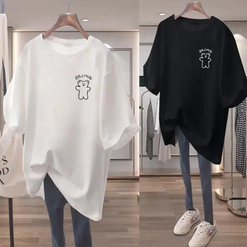 Women's casual loose oversized T-shirt, basic cartoon short sleeved top, 100 cotton, M-6XL elegant sweater