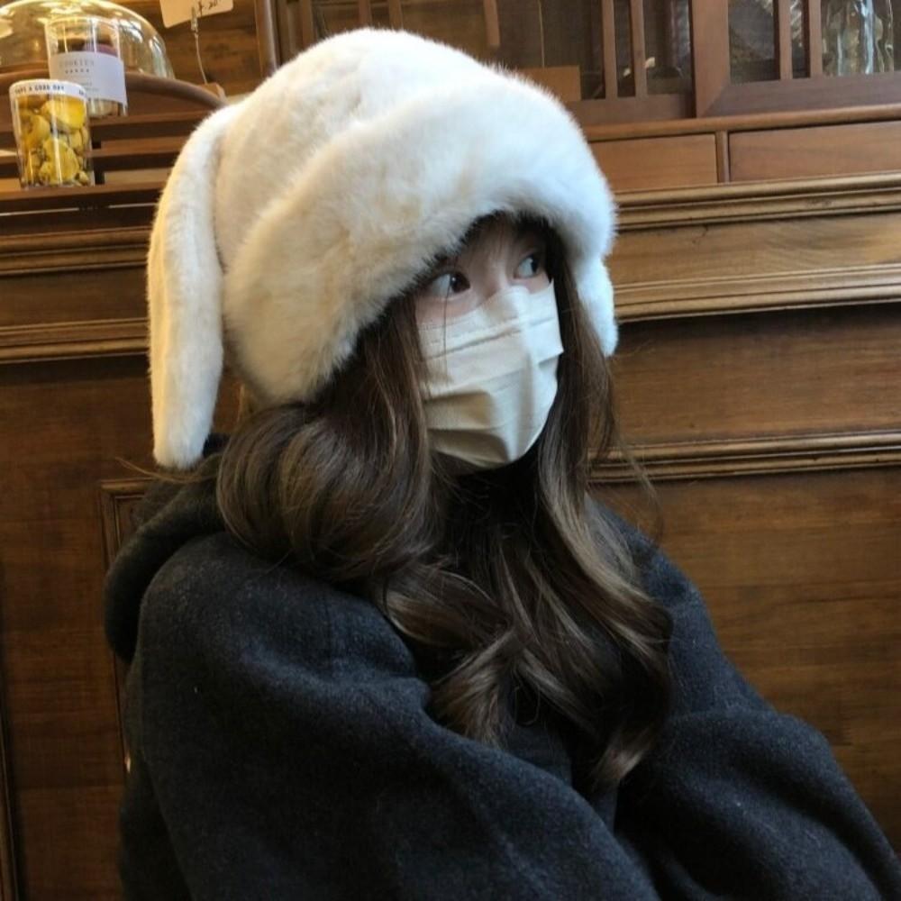 Coldproof Rabbit Ears Beanies Solid Color Ear Protection Hat Funny Plush Pullover Cap Women