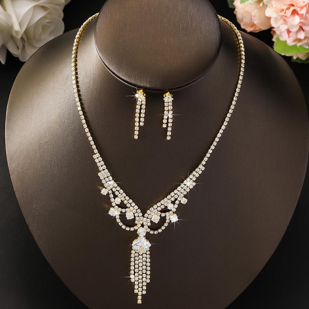 Super Flash Full Diamond Tassel Diamond Necklace Personalized Fashion Temperament Collarbone Chain Light Luxury High-End Jewelry Set
