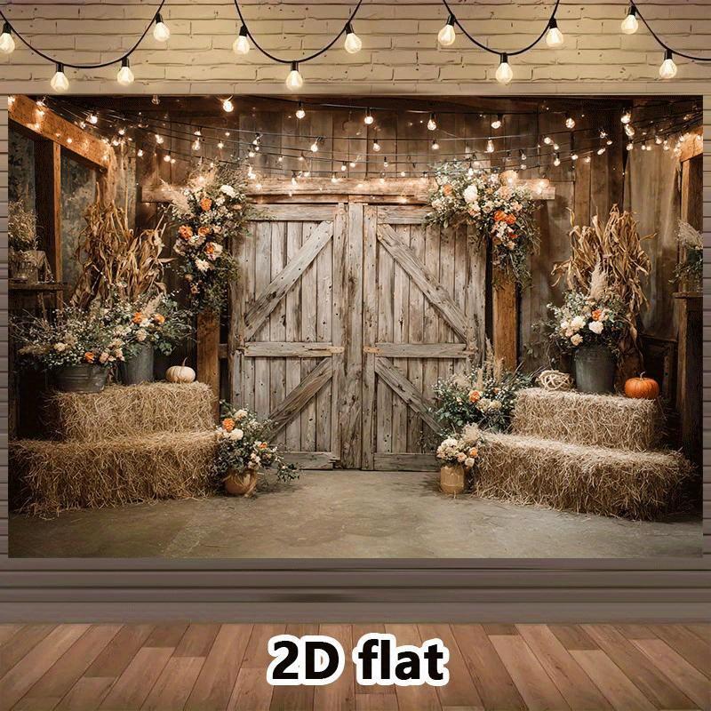 2D Flat Banner, 1 Piece of Rural Barn Background Fabric with Floral Farmhouse Decoration. Lightweight Polyester Banner.