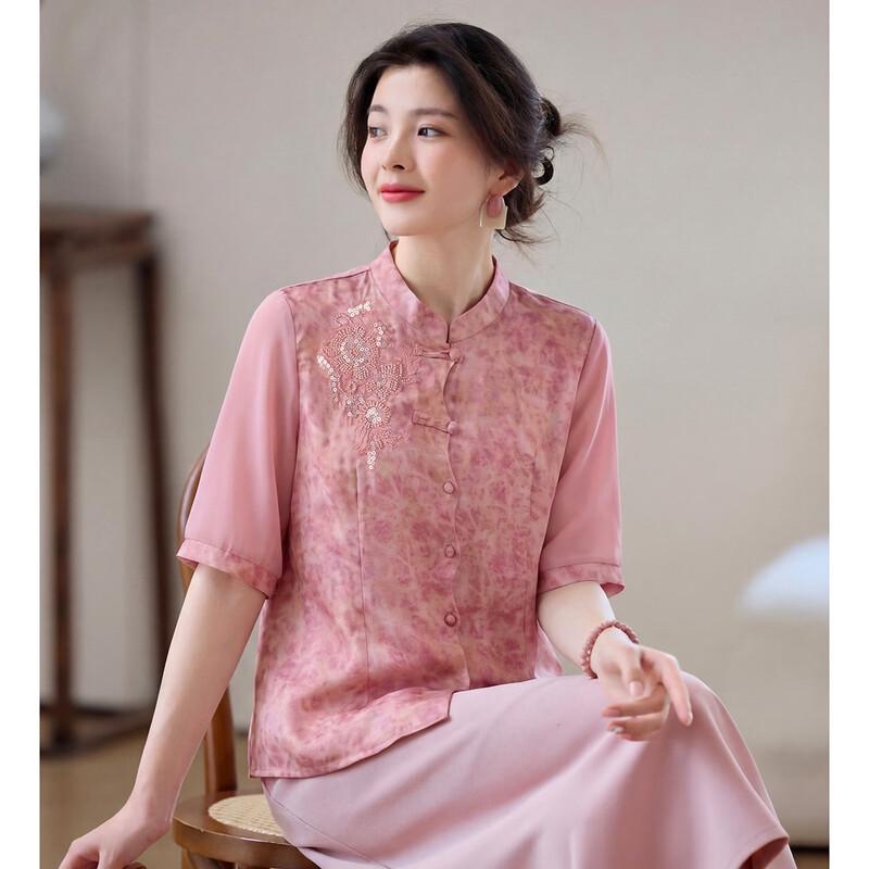 Oudeifu Women s Elegant Chinese Style Floral Beaded Mid-Sleeve Shirt 2XL розовый