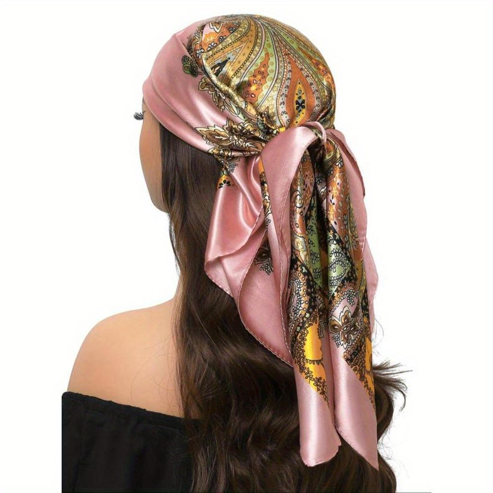 Female Bohemian Style Paisley Printed Square Scarf, Vintage Fashion Headscarf, Fashion Hair Accessories For Women And Girls