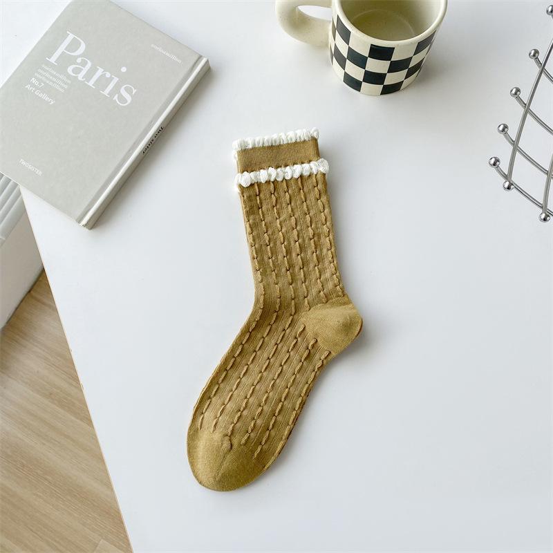 

Женские носки из двухслойного кружева для осени и зимы, носки до середины икры с оборкой из чистого хлопка, махровые носки, в стиле школьницы 1 pair