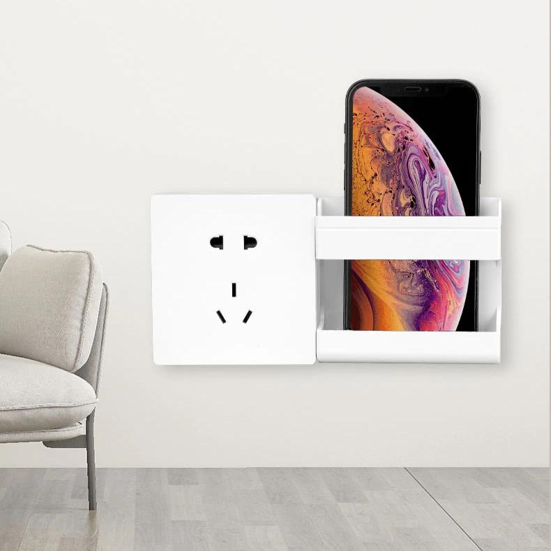 Wall Mount Phone Holder White Punch Free Wall Mobile Phones Charging Stand Lazy Sticky Remote Control Storage Box