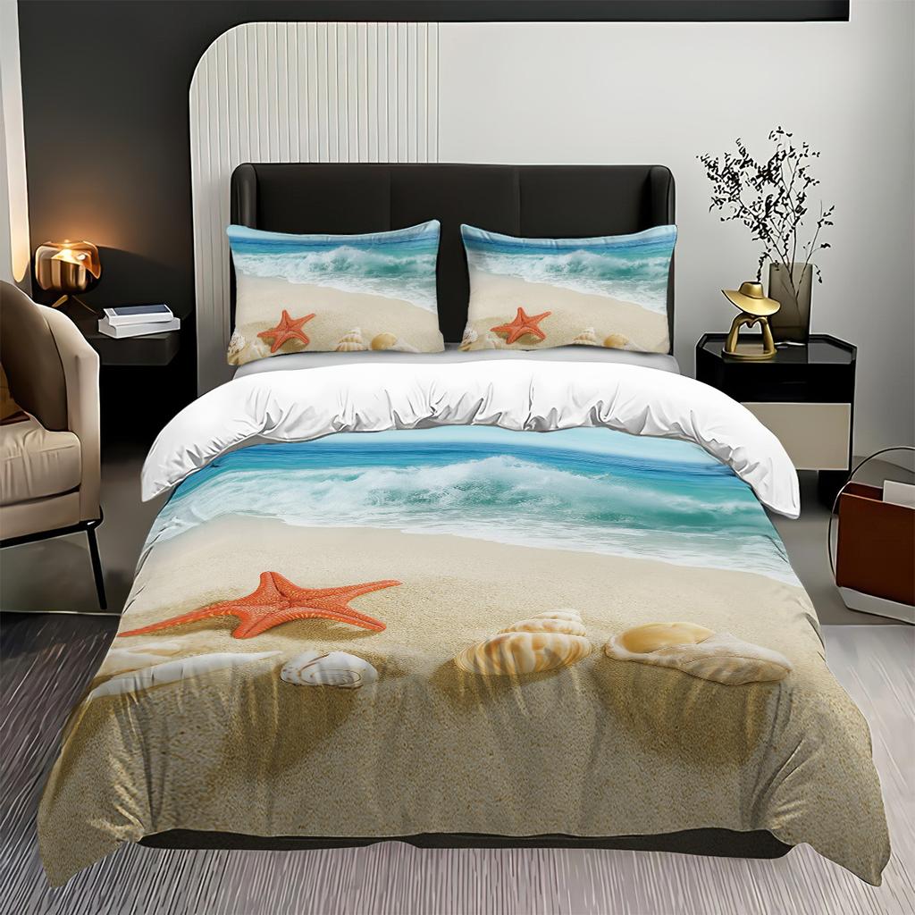 Ocean Theme Quilt Cover Three-Piece Beach Shell 3D Digital Printing Quilt Cover Pillowcase