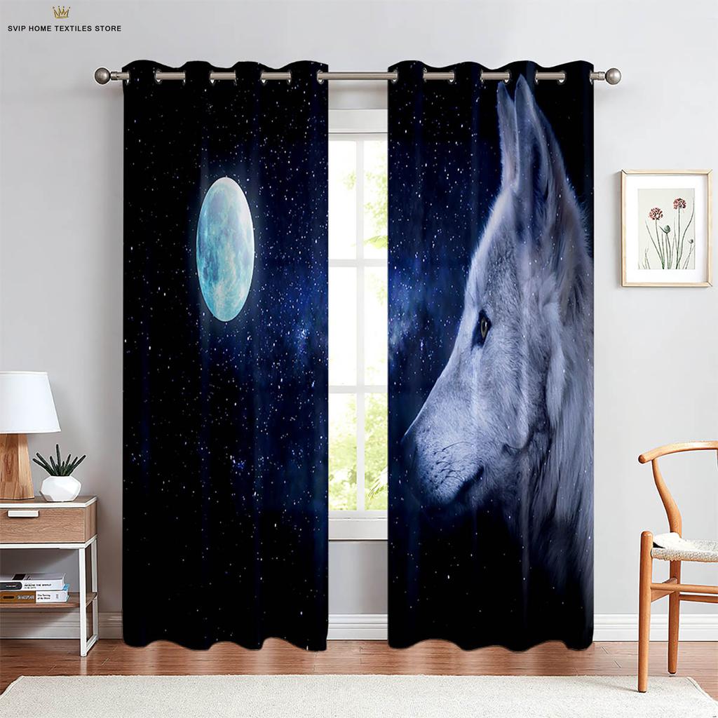 Starry Sky Wolf Animal 3D Printed Curtains, Suitable for Bedroom, Study, Kitchen, Living Room, Decorative, 2 Pieces