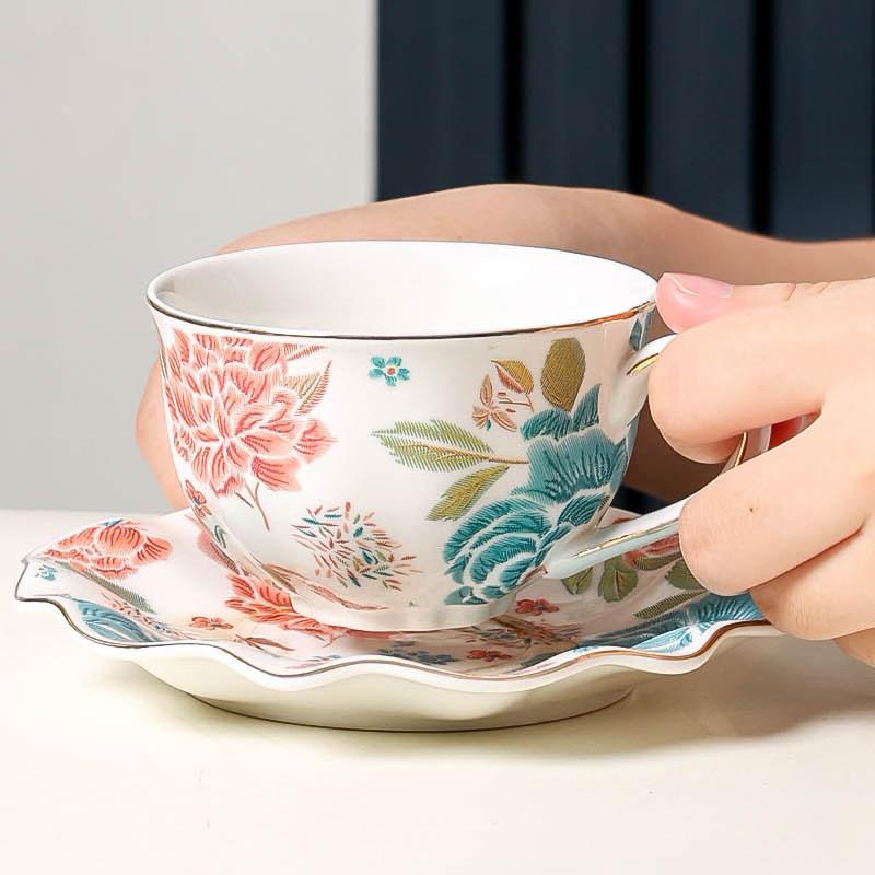 

Floral Tea Cups and Saucers Set with Gold Trim Porcelain Latte Mugs for Party, Birthday Cafe Home and Christmas Gift 200ml жёлтый