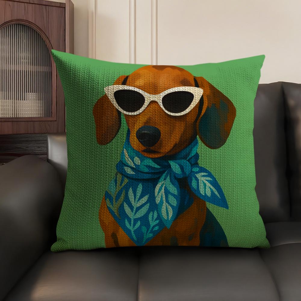 Dog Wearing A Hat Cushion Cover Summer Breathable Linen Organic Fabric Double-Sided Printing Sofa Pillow Case Home Decor