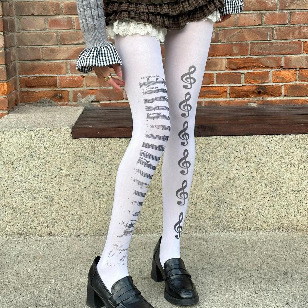 Vintage Y2K Lolita Music Note Piano Print Pantyhose for Women Sexy Stockings Korean Sweet Cool Hosiery Thin High Elastic Socks