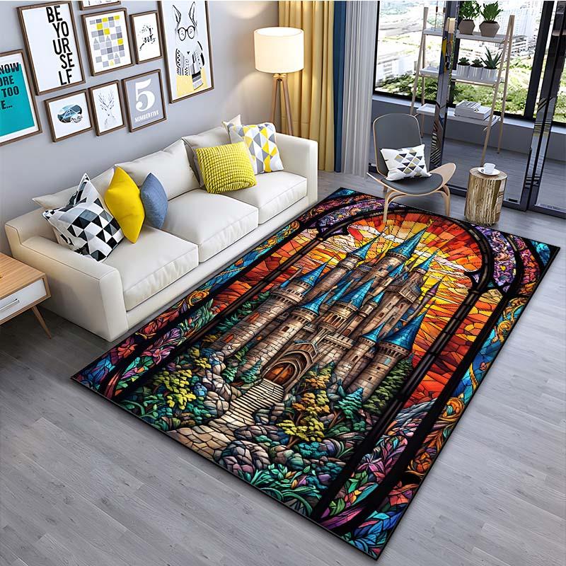 1PC Glass Window Castle Printed Carpet for Living Room Bedroom Bedside Bathroom Floor Mat Area Rugged Sofa Mat Home Decor