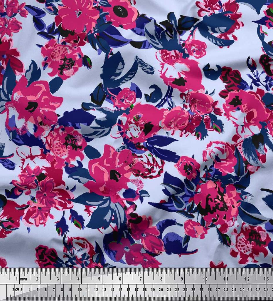 Soimoi Blue Poly Crepe Fabric Artistic Leaf & Floral Fabric Prints By Metre 42 Inch