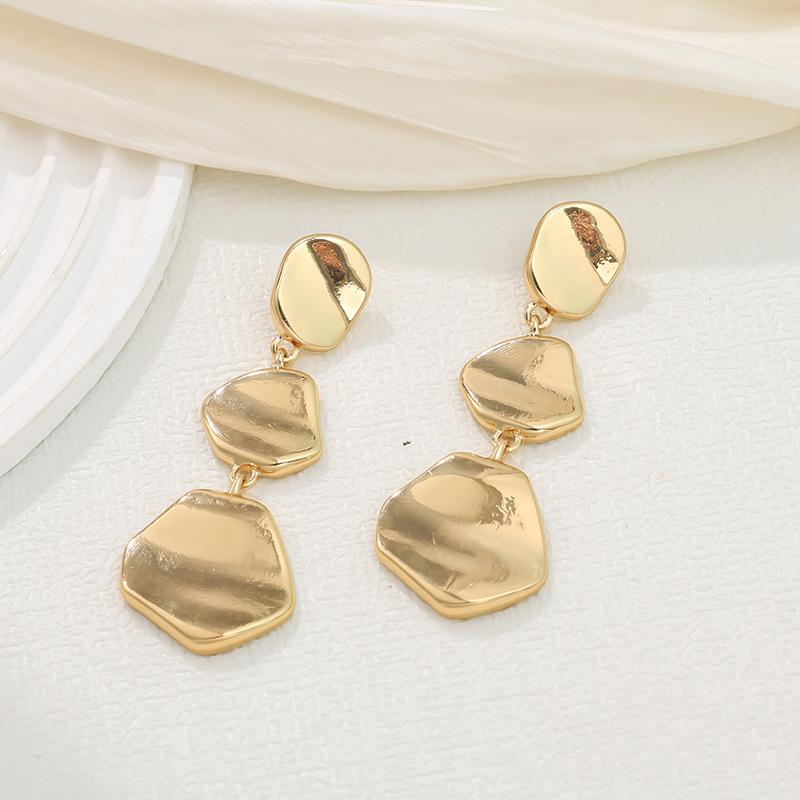 Vintage Irregular Smooth Metal Pendant Earrings for Women Fashion Gold Color Three-Layer Geometric Circular Earrings Jewelry