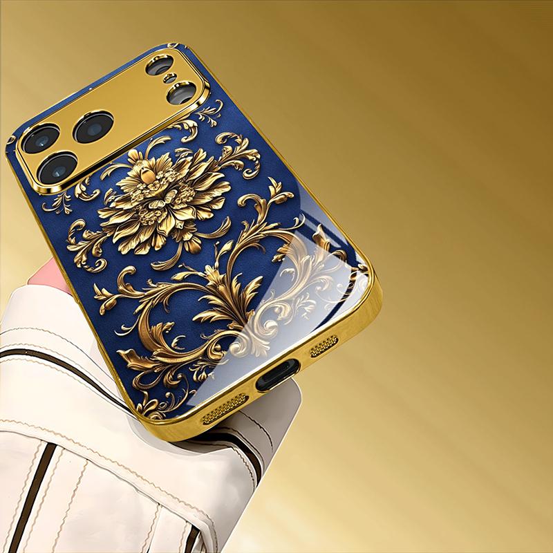 Jewelry Art Decoration Pattern Gold Metallic Paint Glass Phone Case For iPhone 17 11 12 13 14 15 16 Pro Max Plus 17Air 16E Cover