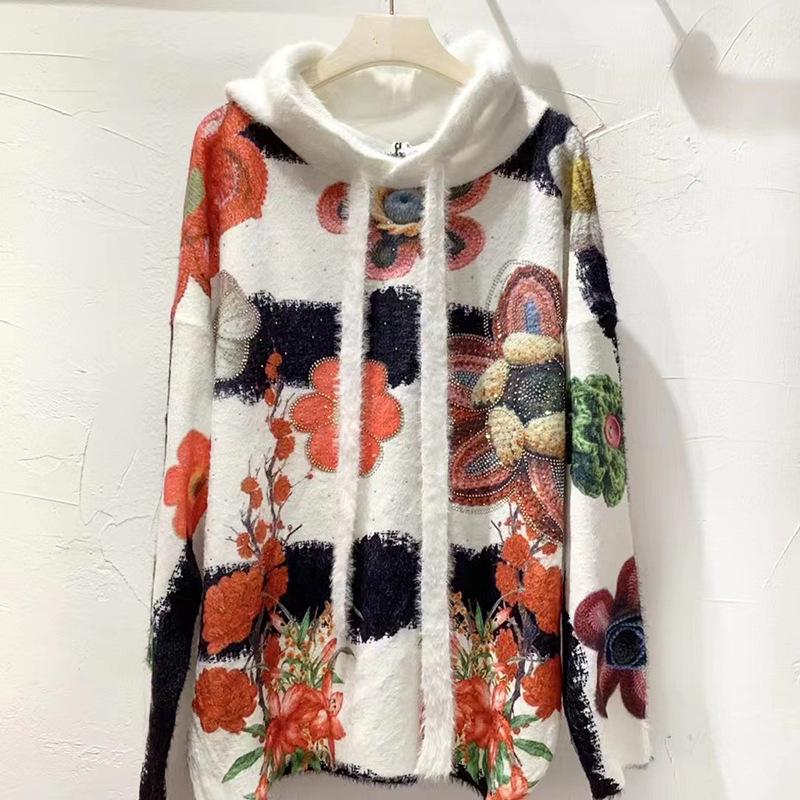 2024 A/W Women's Plus Size Loose Mink Cashmere Sweater, Personality Print, Round Neck, Middle-Aged Style